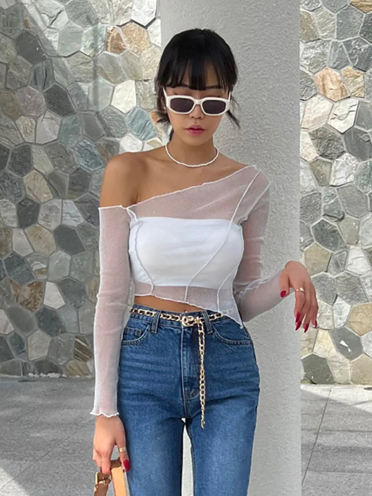 Solid Color Sparkly Hollow Mesh Slant Shoulder Irregular Collar Sexy Women Crop Top