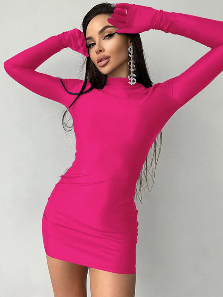 Solid Long Sleeve With Gloves Mini Dress Bodycon Sexy Streetwear Party Half Turtleneck Outfits Y2K Clothes Wholesale