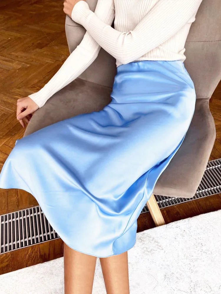 Solid Purple Satin Silk Skirt Women High Waisted Summer Long Skirt New 2024 Elegant Ladies Office Skirts Midi Spring