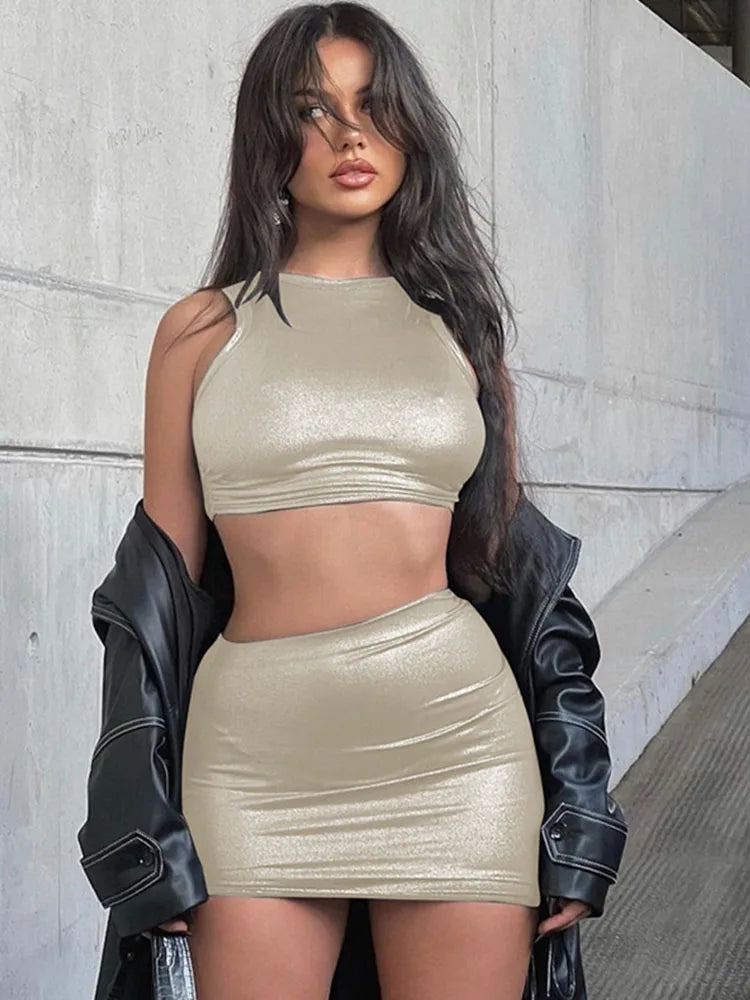 Solid Shinny Silky Two Piece Set Women Skinny Sleeveless Vest+ Sexy Drawstring Hip warps Skirt Streetwear Casual Clothing