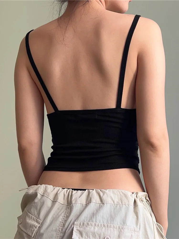 Spaghetti Straps Ruched Tank Top Casual All-matching Low-cut Backless Crop Tops 2024 Simple Underwear Bodycon Corsets