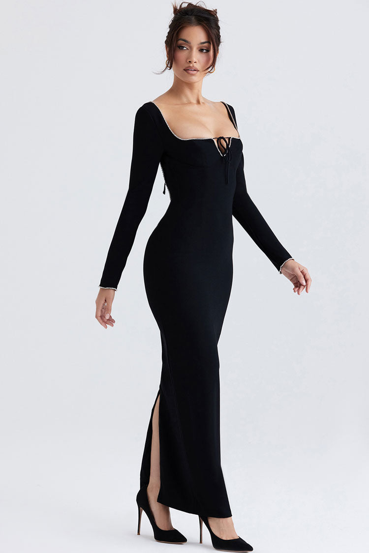 Sparkly Crystal Embellished Tie Neck Long Sleeve Formal Maxi Dress - Black