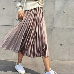 Spring 2024 Women Long Metallic Silver Maxi Pleated Skirt Midi Skirt High Waist Elascity Casual Party Skirt