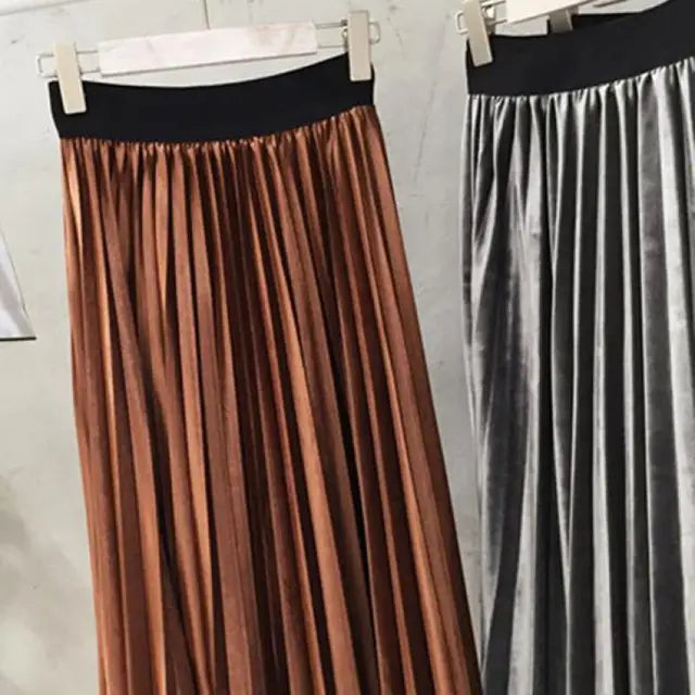 Spring 2024 Women Long Metallic Silver Maxi Pleated Skirt Midi Skirt High Waist Elascity Casual Party Skirt