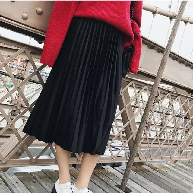 Spring 2024 Women Long Metallic Silver Maxi Pleated Skirt Midi Skirt High Waist Elascity Casual Party Skirt