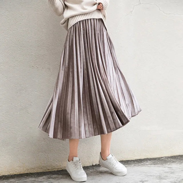 Spring 2024 Women Long Metallic Silver Maxi Pleated Skirt Midi Skirt High Waist Elascity Casual Party Skirt