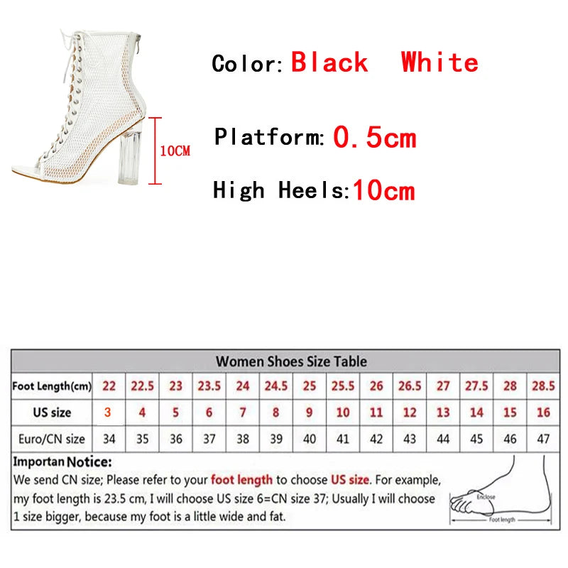 Spring Autumn Sexy Peep Toe Transparent High Heels Dance Shoes Ankle Boots Women Roma Style Mesh Hollow Out Cross Lace-Up Sandal