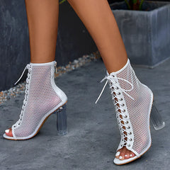 Spring Autumn Sexy Peep Toe Transparent High Heels Dance Shoes Ankle Boots Women Roma Style Mesh Hollow Out Cross Lace-Up Sandal