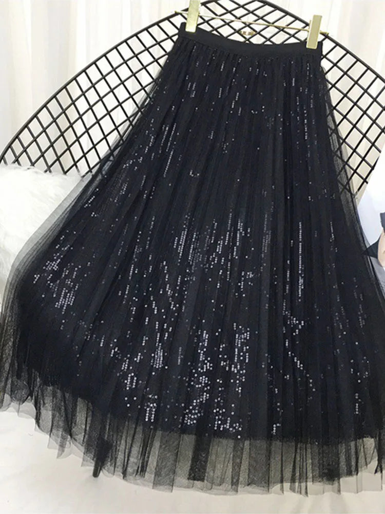 Spring Summer Skirts Women Korea Long Tulle Skirt Sequined Pleated A Line Midi Skirt Chic High Waist Skirt Female