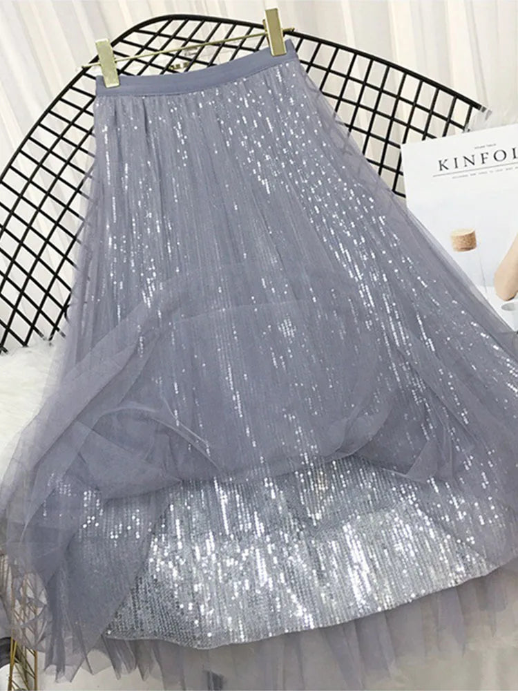 Spring Summer Skirts Women Korea Long Tulle Skirt Sequined Pleated A Line Midi Skirt Chic High Waist Skirt Female