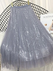 Spring Summer Skirts Women Korea Long Tulle Skirt Sequined Pleated A Line Midi Skirt Chic High Waist Skirt Female