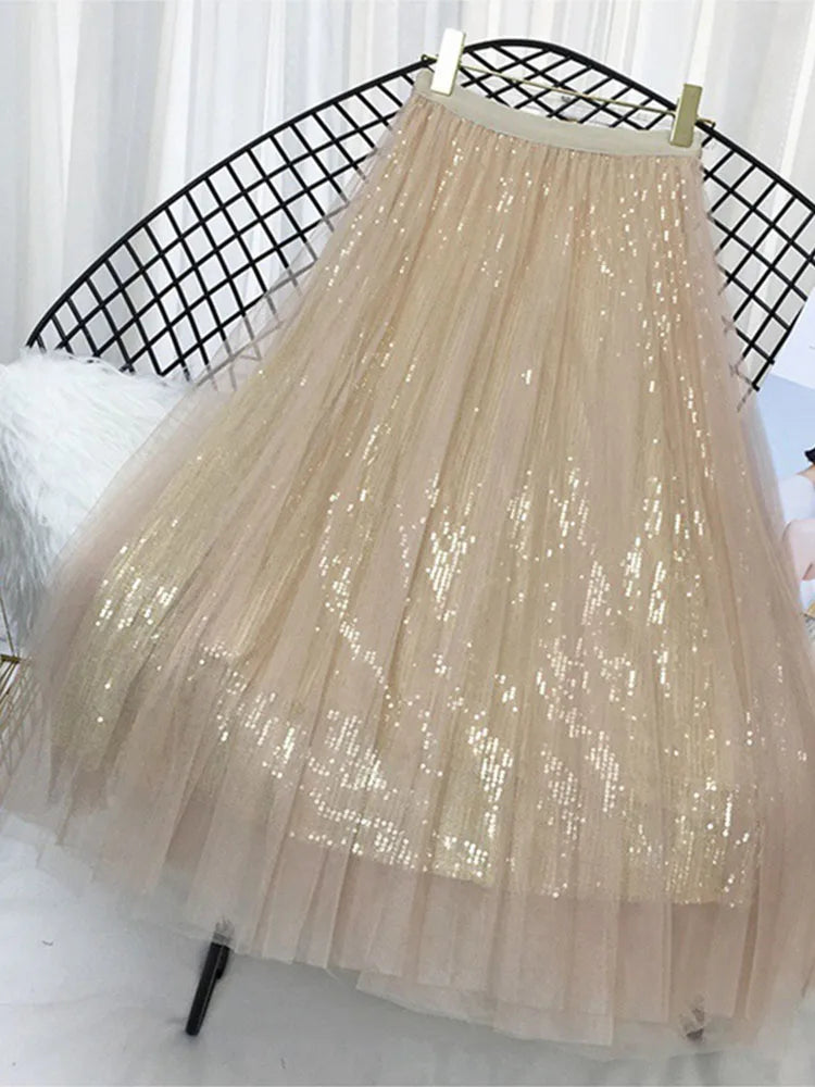 Spring Summer Skirts Women Korea Long Tulle Skirt Sequined Pleated A Line Midi Skirt Chic High Waist Skirt Female