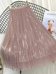 Spring Summer Skirts Women Korea Long Tulle Skirt Sequined Pleated A Line Midi Skirt Chic High Waist Skirt Female