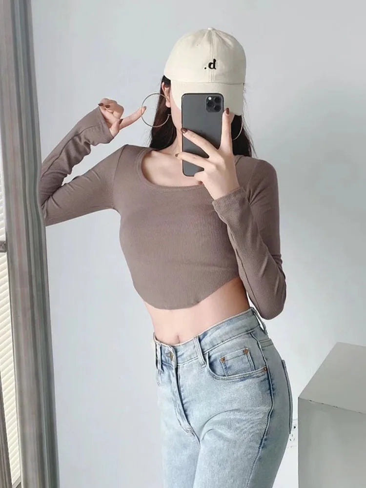 Spring Woman Tshirts Sexy Skinny Long Sleeve O-neck Solid Color Raw Edge Crop Top