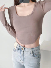 Spring Woman Tshirts Sexy Skinny Long Sleeve O-neck Solid Color Raw Edge Crop Top