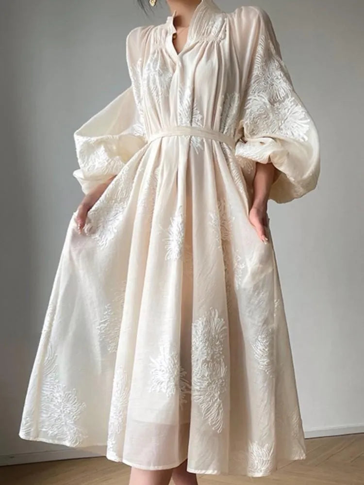 Spring Women Embroidery Evening Party Dresses Elegant Lantern Sleeve Vintage Casual A-Line Dress Female Fashion Vestidos Robe