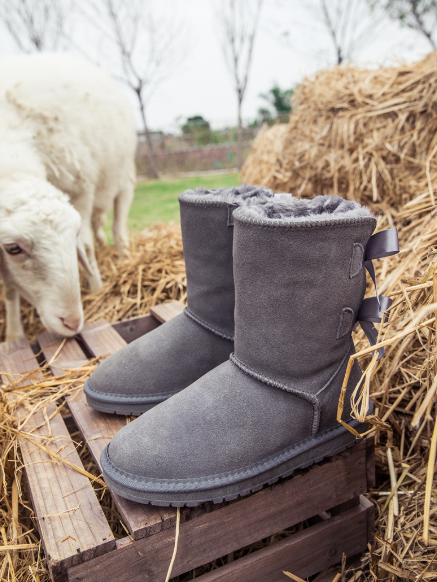 SMAIBULUN Ugg | DOUBLE RIBBON BOW SUEDE BOOT - Grey