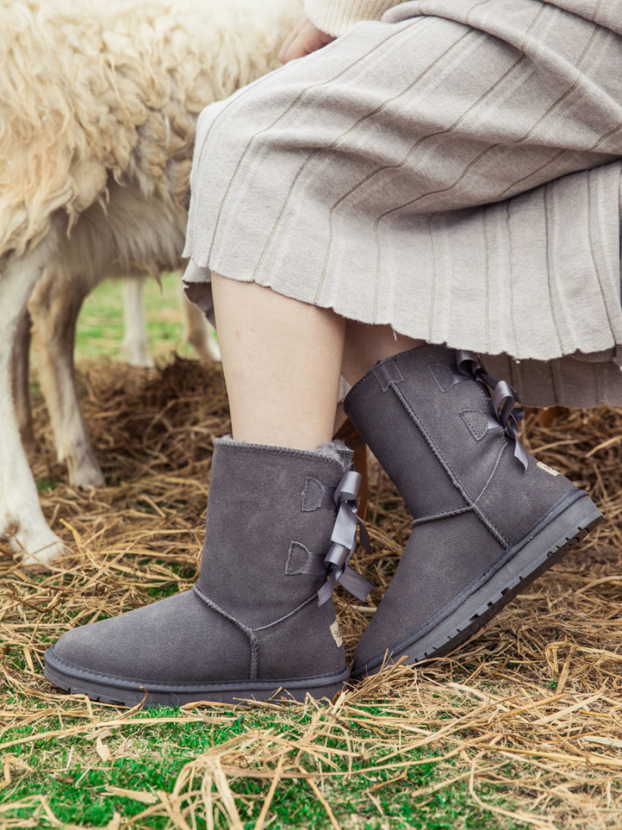 SMAIBULUN Ugg | DOUBLE RIBBON BOW SUEDE BOOT - Grey