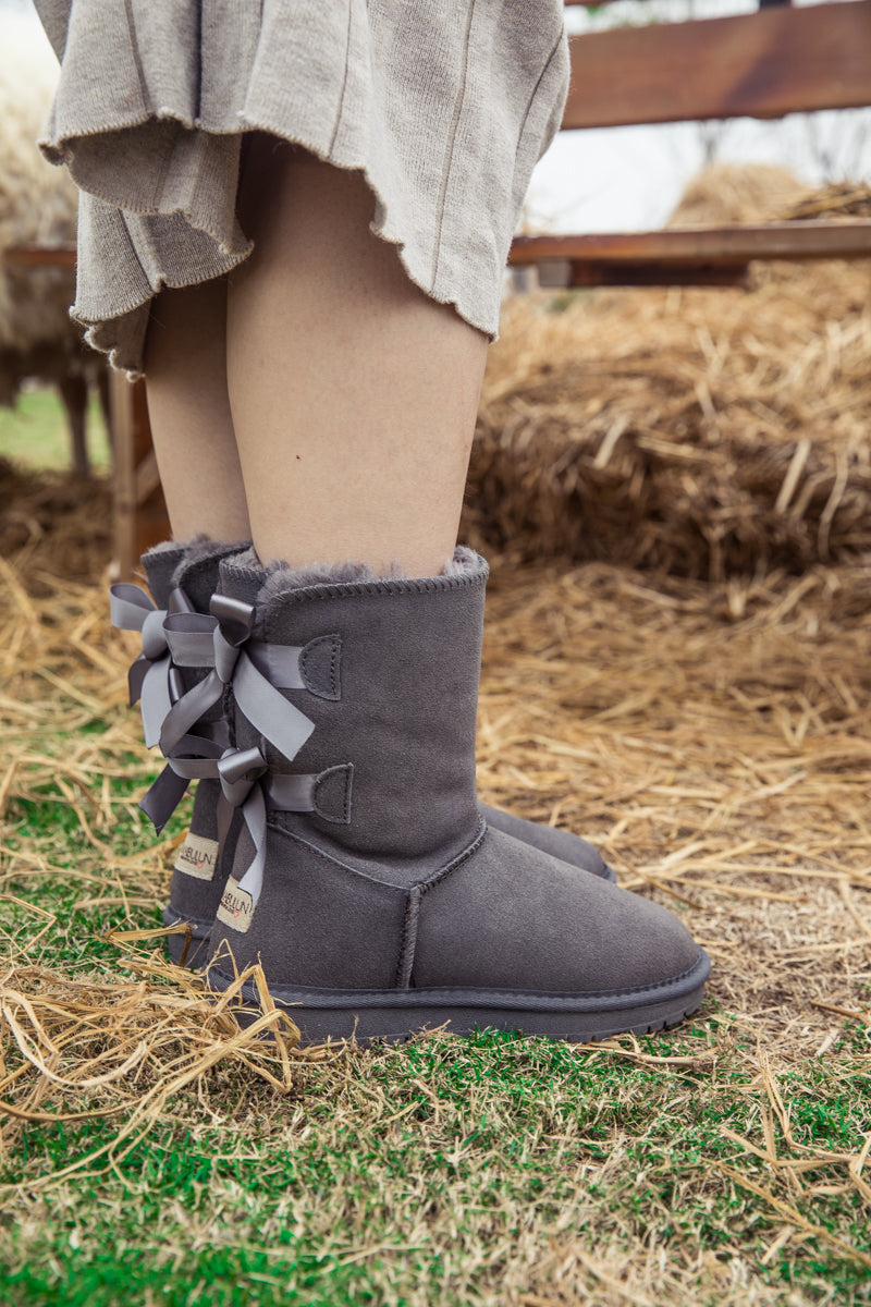 SMAIBULUN Ugg | DOUBLE RIBBON BOW SUEDE BOOT - Grey