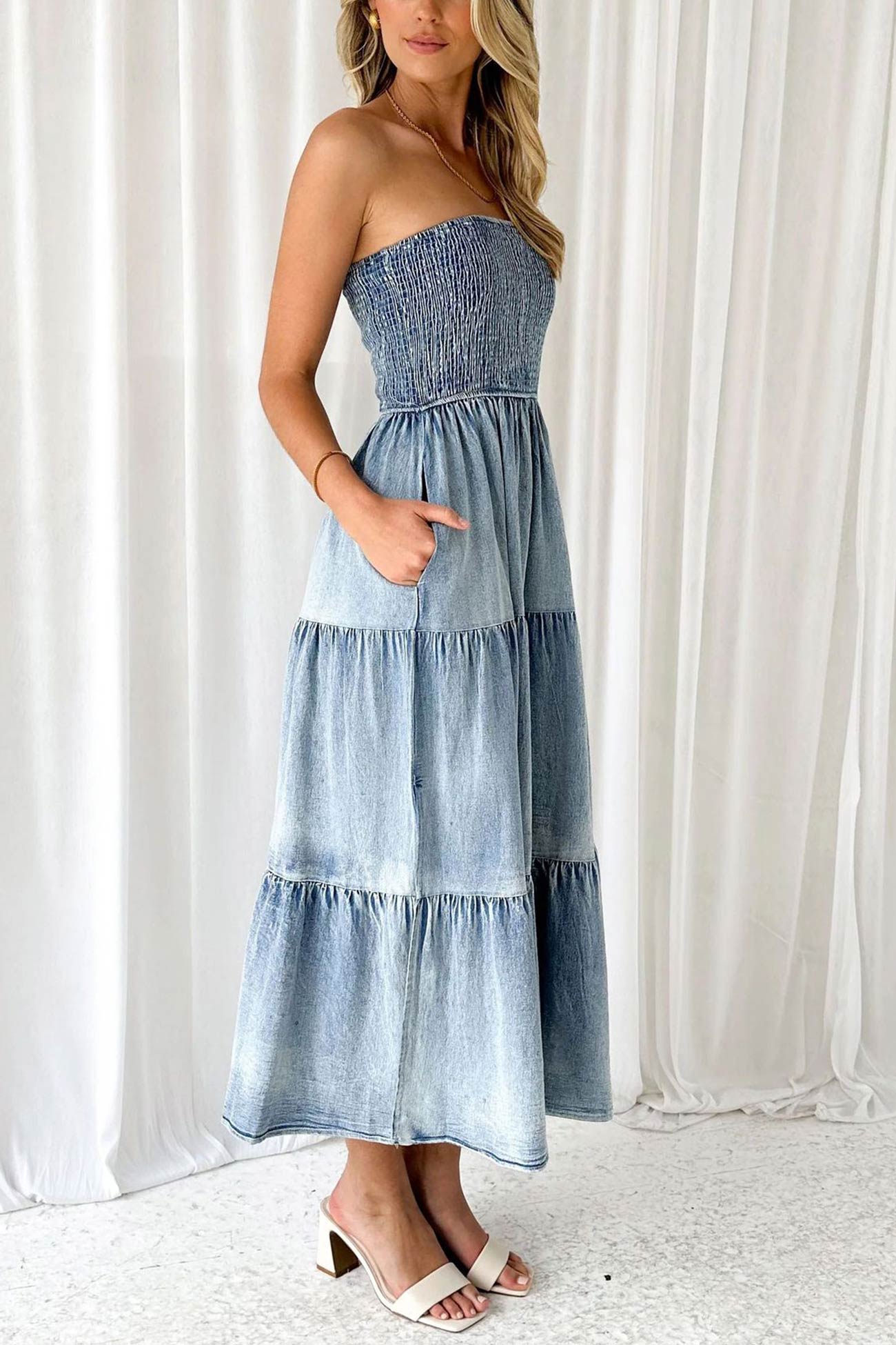 Strapless Tiered Slit Denim Dress