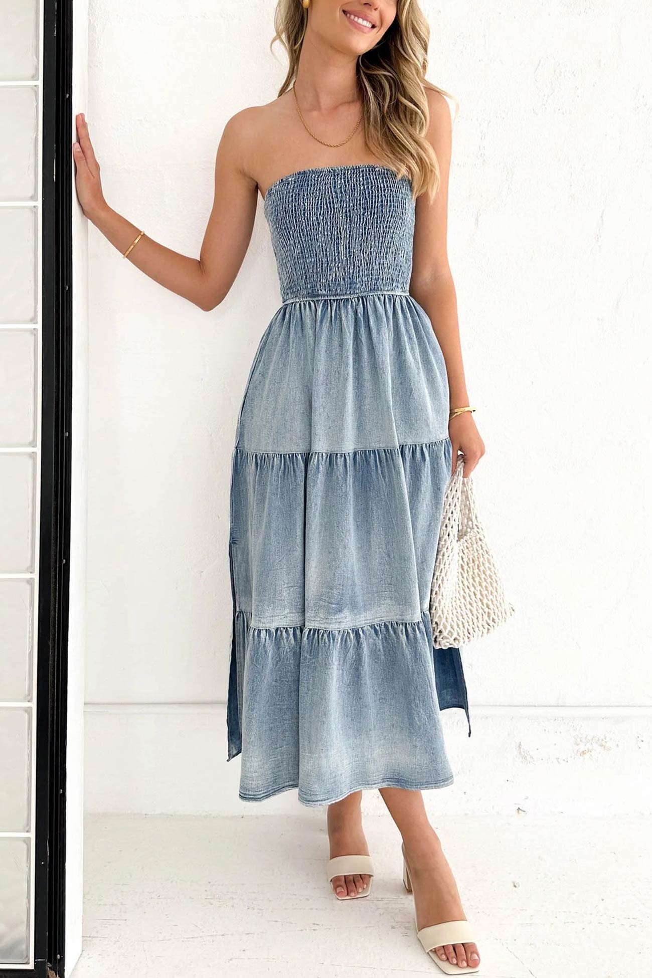 Strapless Tiered Slit Denim Dress