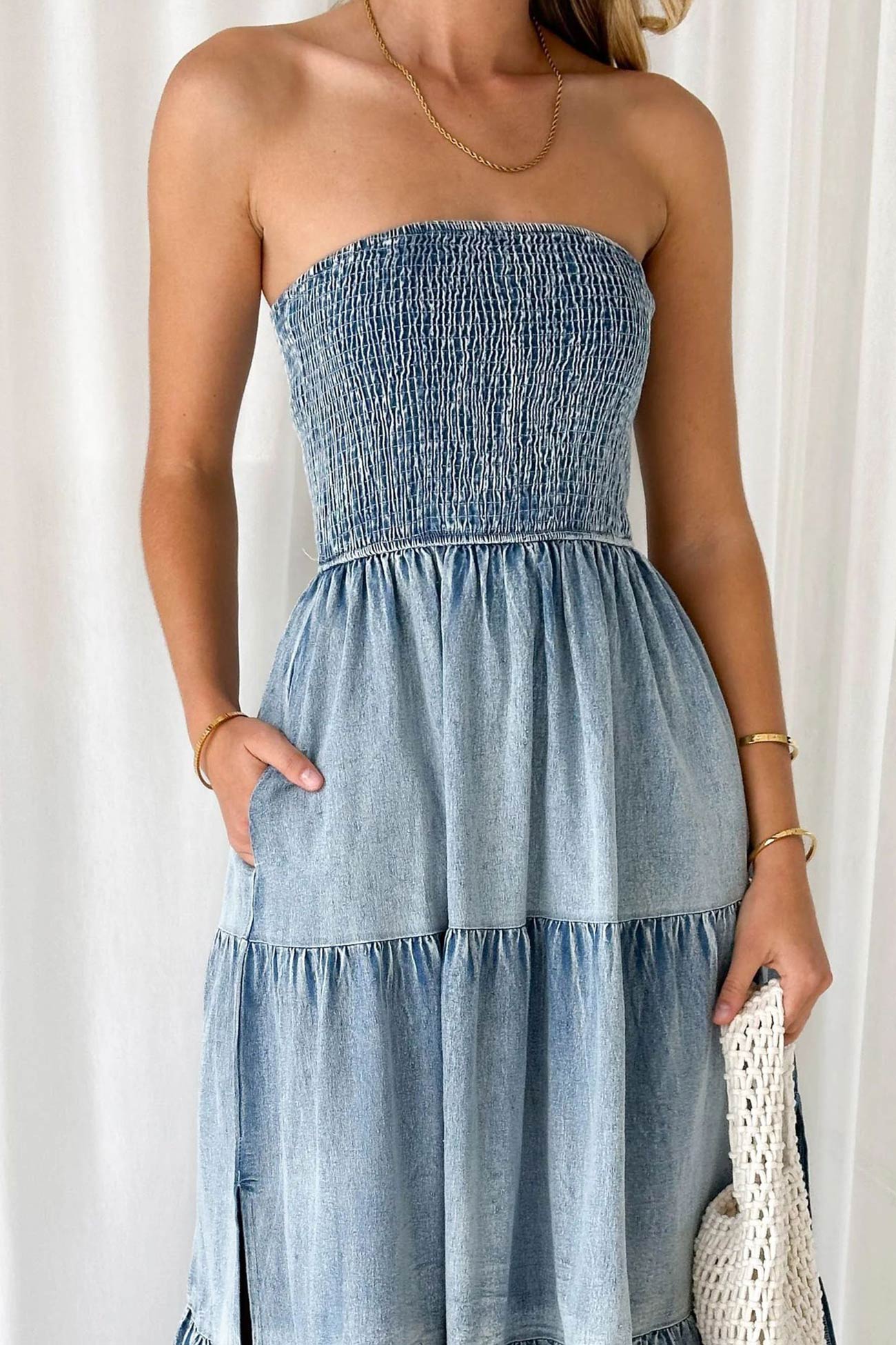 Strapless Tiered Slit Denim Dress