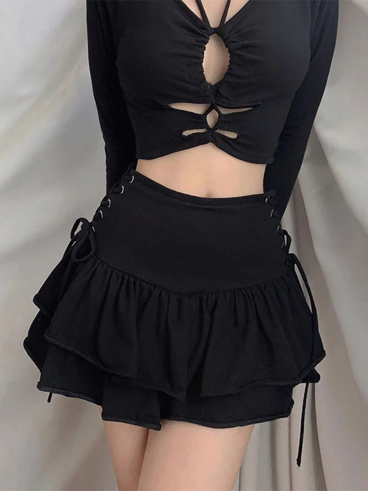 Streetwear Mall Goth Skirt Women Harajuku Y2k E-girl High Waist Bandage Mini Skirt Dark Gothic Punk Emo Alt Club Wear