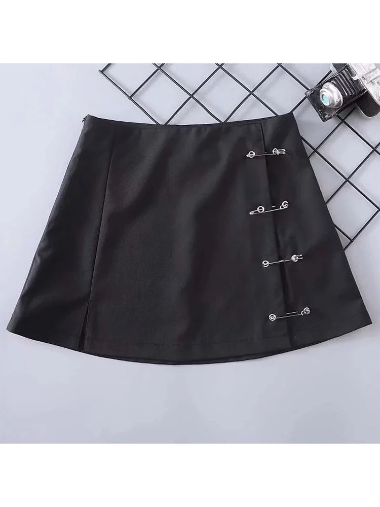 Streetwear Mini Skirt Women Side split brooch High Waist Side Zipper Short Skirt Sexy Female A-Line Slim Hip Camo Skirts