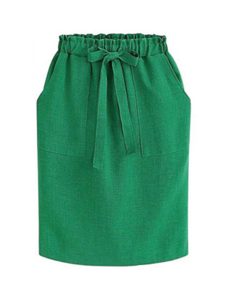 Summer Autumn Elegant Midi Skirts Womens Office Pencil Skirt Cotton Elastic Waist Package Hip Skirt Bow Skirt Green