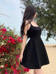 Summer Backless Mini Black Dress Women Sleeveless Vacation Beach Style A-line Lace-Up Y2k Casual Party Dresses Korean Vestidos