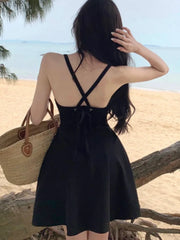 Summer Backless Mini Black Dress Women Sleeveless Vacation Beach Style A-line Lace-Up Y2k Casual Party Dresses Korean Vestidos