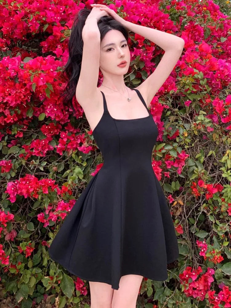 Summer Backless Mini Black Dress Women Sleeveless Vacation Beach Style A-line Lace-Up Y2k Casual Party Dresses Korean Vestidos