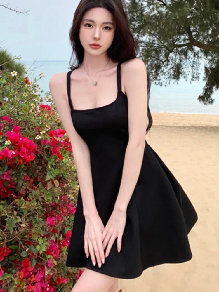 Summer Backless Mini Black Dress Women Sleeveless Vacation Beach Style A-line Lace-Up Y2k Casual Party Dresses Korean Vestidos