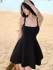 Summer Backless Mini Black Dress Women Sleeveless Vacation Beach Style A-line Lace-Up Y2k Casual Party Dresses Korean Vestidos