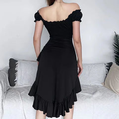 Summer Black A-LINE Dress Women Streetwear Sexy Off Shoulder Short Sleeves Ruffled Mid Length Dresses Club Elegant Partywear