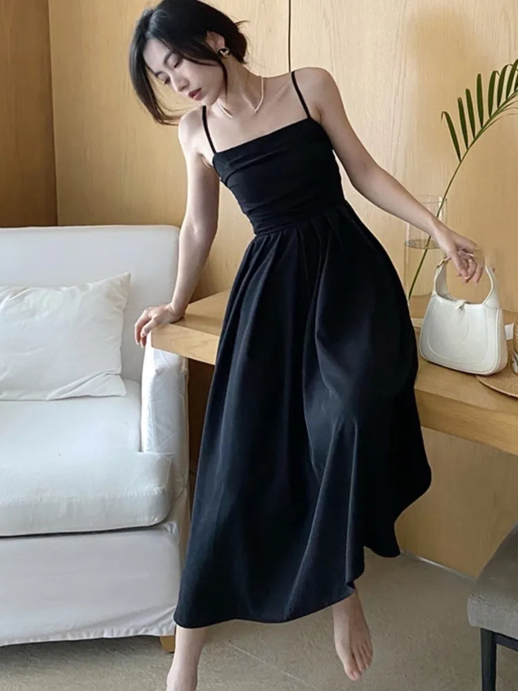 Summer Casual Spaghetti Strap Midi Dress Women Solid A-line Holiday Beach Style French Korean Fashion Slim High Waist Vestido