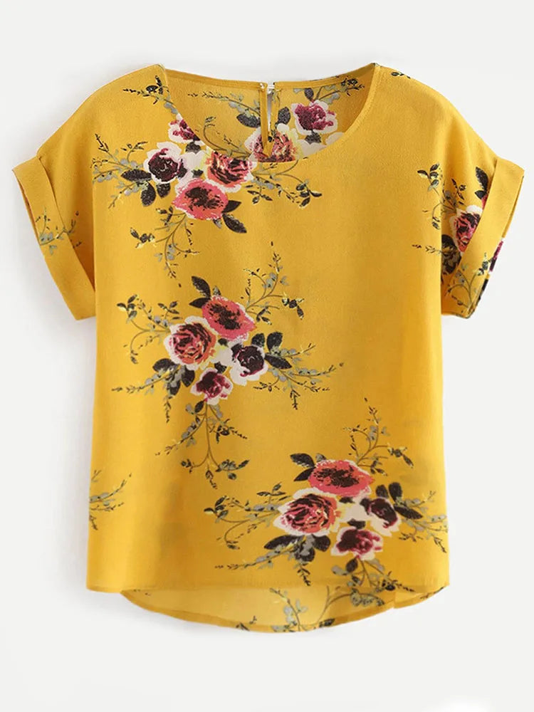 Summer Fashion Floral Print Blouse Pullover Ladies O-Neck Tee Tops Female Women’s Short Sleeve Shirt Blusas Femininas Clothing