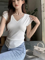 Summer Korean Fashion Y2K T-shirt Woman Sexy V-neck Japanese Tee Shirt Femme Slim Skinny Tshirt Women Cothes Kop Tops