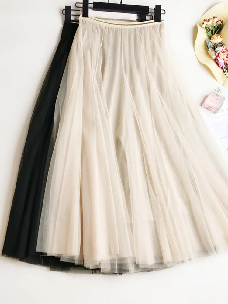 Summer Mesh Women Pleated Skirt Solid High Waist A Line Tulle Skirts Chic Long Maxi Tutu Skirt Holiday Beach Tulle Skirt