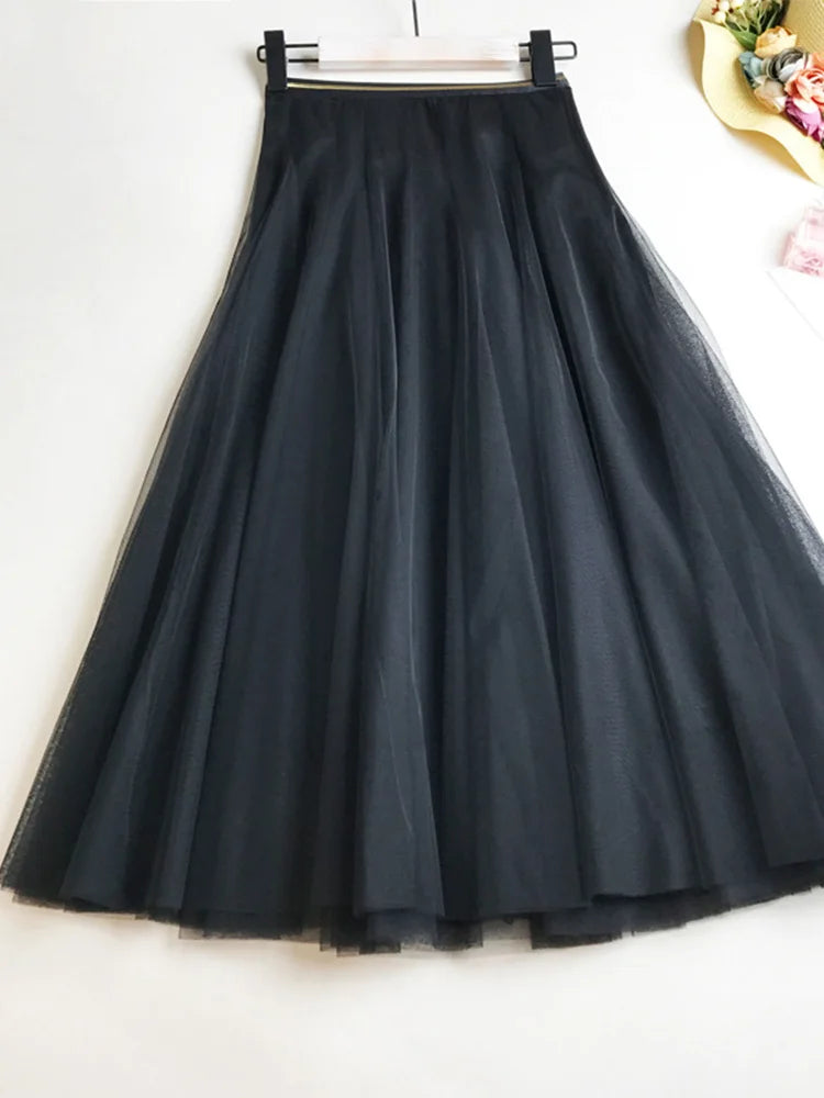 Summer Mesh Women Pleated Skirt Solid High Waist A Line Tulle Skirts Chic Long Maxi Tutu Skirt Holiday Beach Tulle Skirt