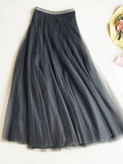 Summer Mesh Women Pleated Skirt Solid High Waist A Line Tulle Skirts Chic Long Maxi Tutu Skirt Holiday Beach Tulle Skirt