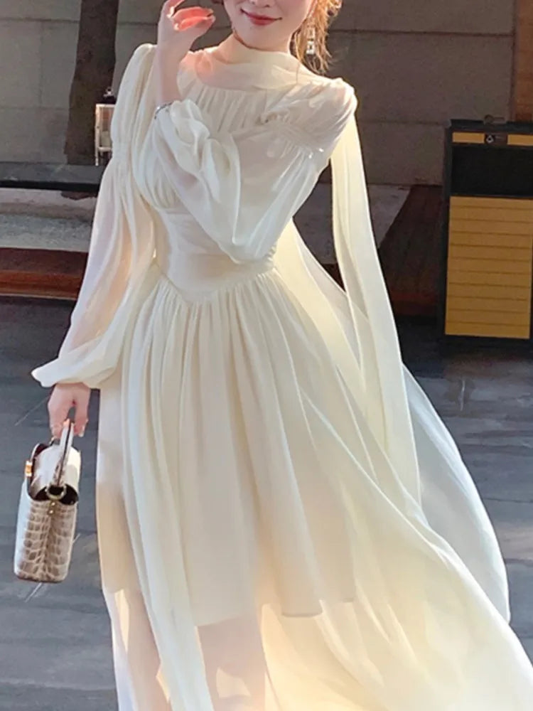 Summer New Elegant Chiffon Dress Women Slim Ruffles Long Sleeve A-line Evening Party Dresses Prom Robe Korean Fashion Vestido