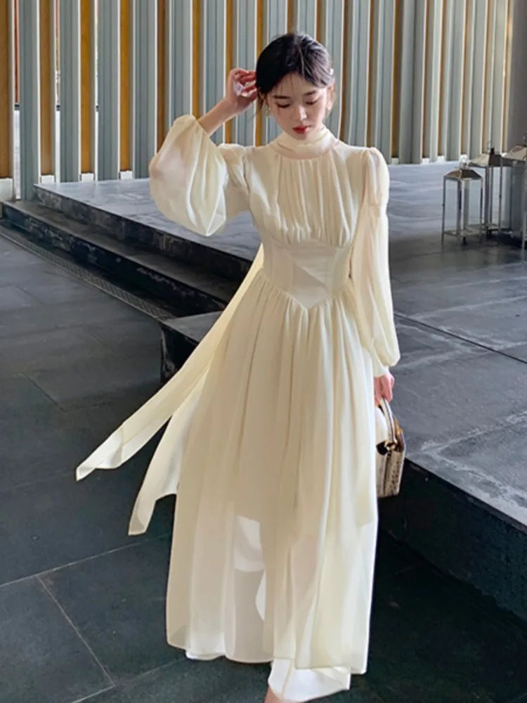 Summer New Elegant Chiffon Dress Women Slim Ruffles Long Sleeve A-line Evening Party Dresses Prom Robe Korean Fashion Vestido