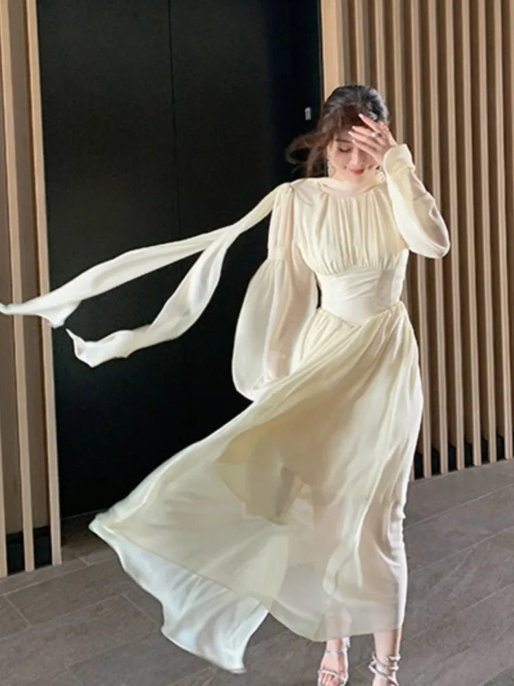 Summer New Elegant Chiffon Dress Women Slim Ruffles Long Sleeve A-line Evening Party Dresses Prom Robe Korean Fashion Vestido