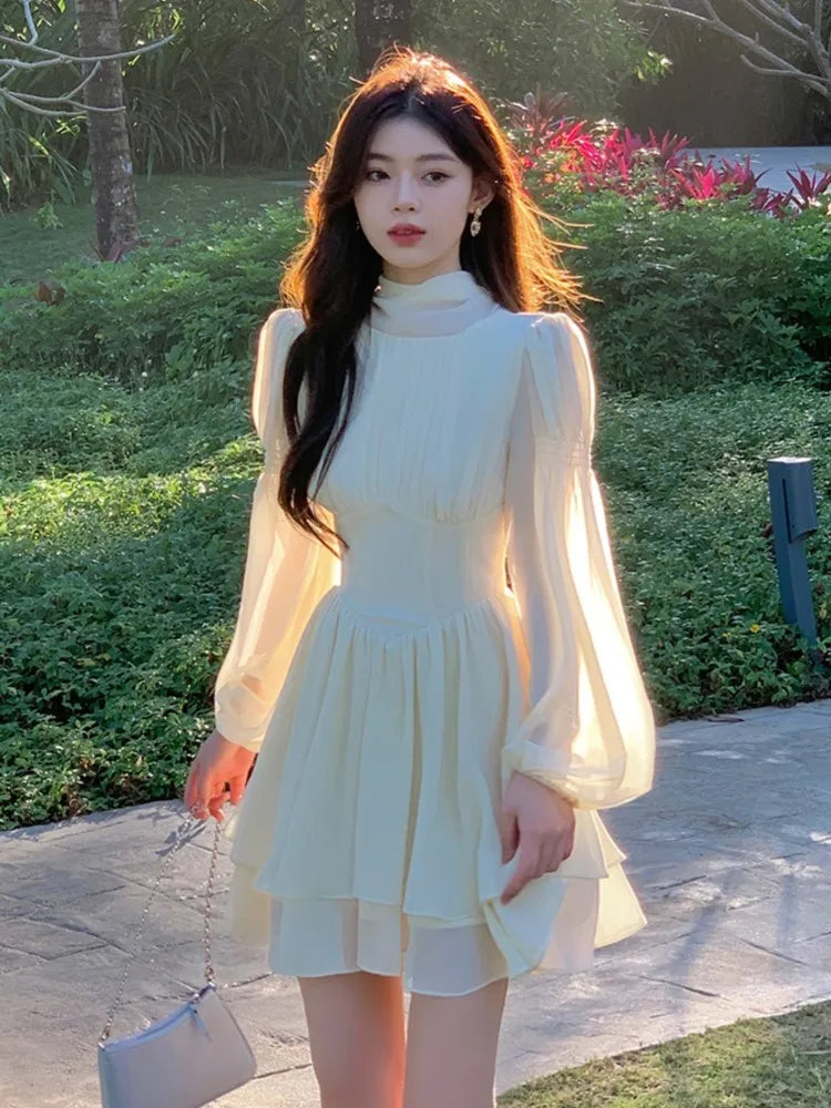 Summer New Elegant Chiffon Dress Women Slim Ruffles Long Sleeve A-line Evening Party Dresses Prom Robe Korean Fashion Vestido