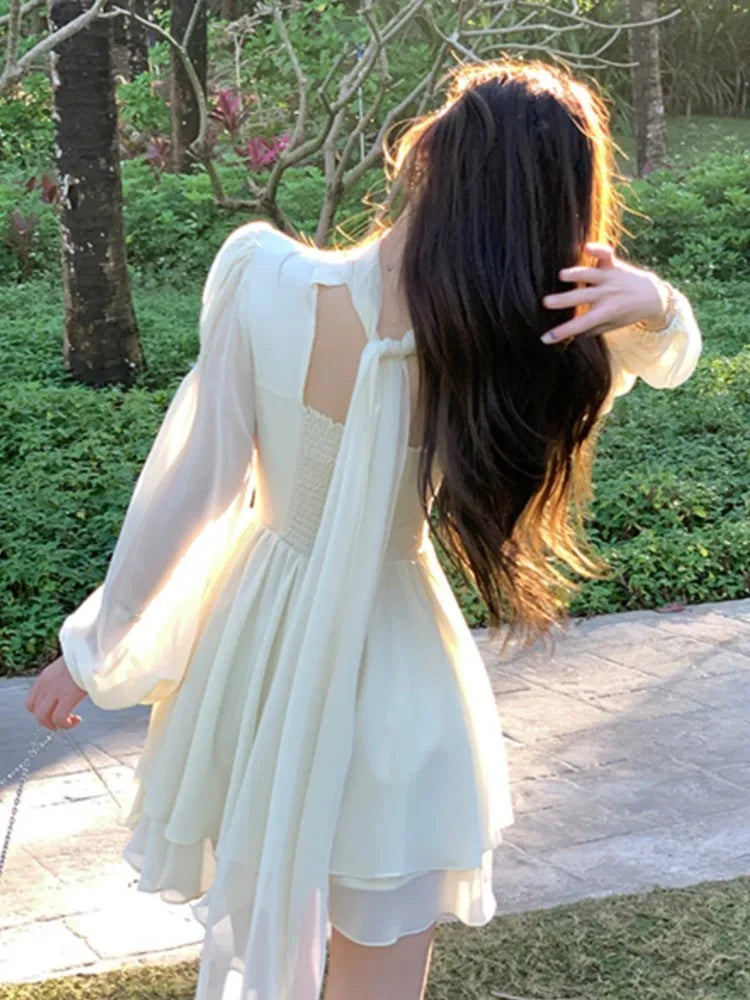 Summer New Elegant Chiffon Dress Women Slim Ruffles Long Sleeve A-line Evening Party Dresses Prom Robe Korean Fashion Vestido