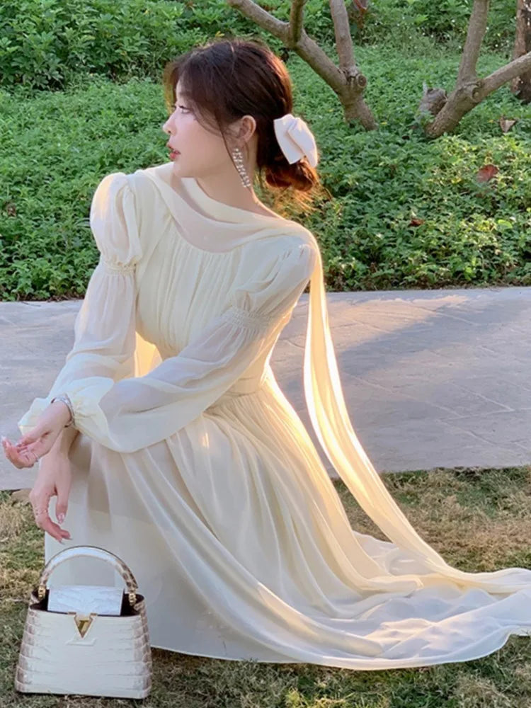 Summer New Elegant Chiffon Dress Women Slim Ruffles Long Sleeve A-line Evening Party Dresses Prom Robe Korean Fashion Vestido