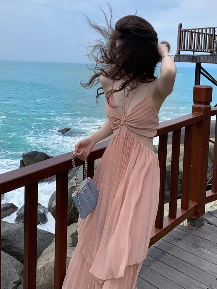 Summer New Fashion Sexy Pleated Holiday Beach Long Dresses for Women Vacation Spaghetti Strap A line Ladies Robe 2024 Sundress