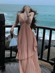 Summer New Fashion Sexy Pleated Holiday Beach Long Dresses for Women Vacation Spaghetti Strap A line Ladies Robe 2024 Sundress