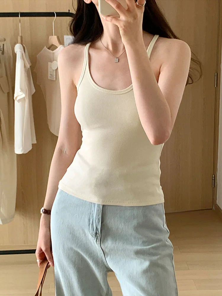 Summer New Solid Color Simple Women’s Tanks Slim Casual Fashion Female Top Apricot Dark Grey Dark Coffee Black Tanks